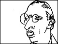 Line drawing of Stavinsky, wearing a suit, hands loosely together, sitting in a chair.