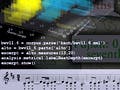 A collage of several images, including annotated music manuscript, software code excerpt, a 3-D graph, and geographic mapping.