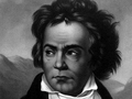 A black and white painting of Ludwig van Beethoven.