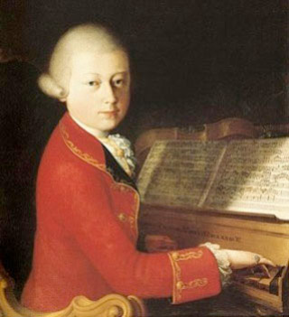 Painting of Wolfgang Amadeus Mozart sitting at a harpsichord.