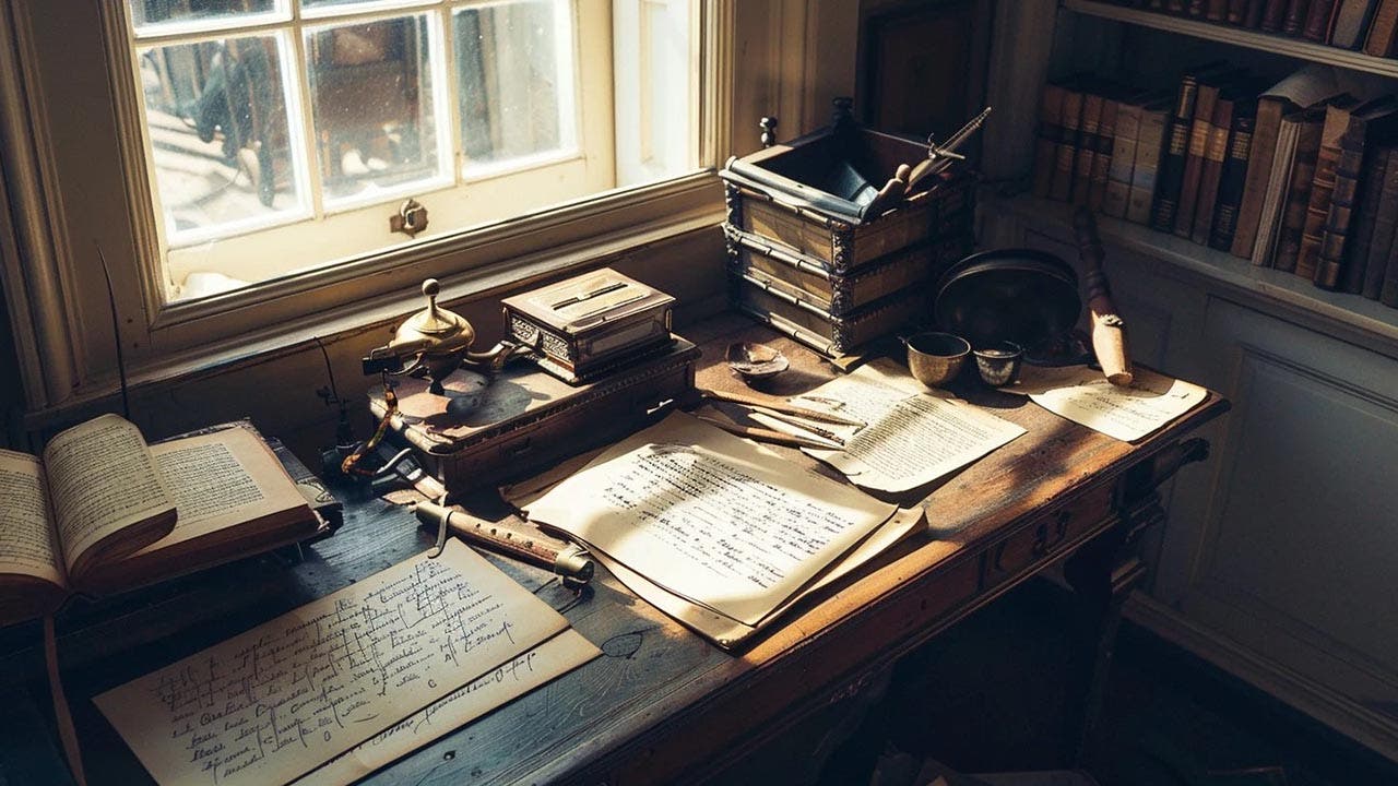 A large wooden desk with sepia-tinted handwritten papers sits near a sunny window. 