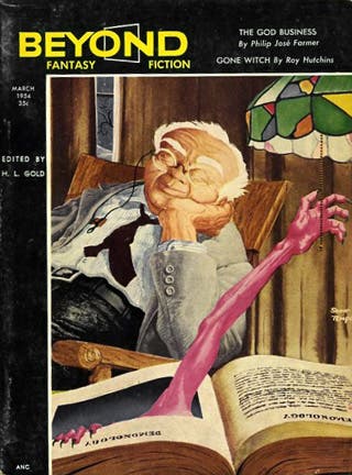 The cover of the March 1954 issue of the magazine "Beyond Fantasy Fiction," showing the taloned hands of a creature arising from the pages of the book "Demonology," to turn off the light as a white haired man slumbers happily in a carved wooden chair.