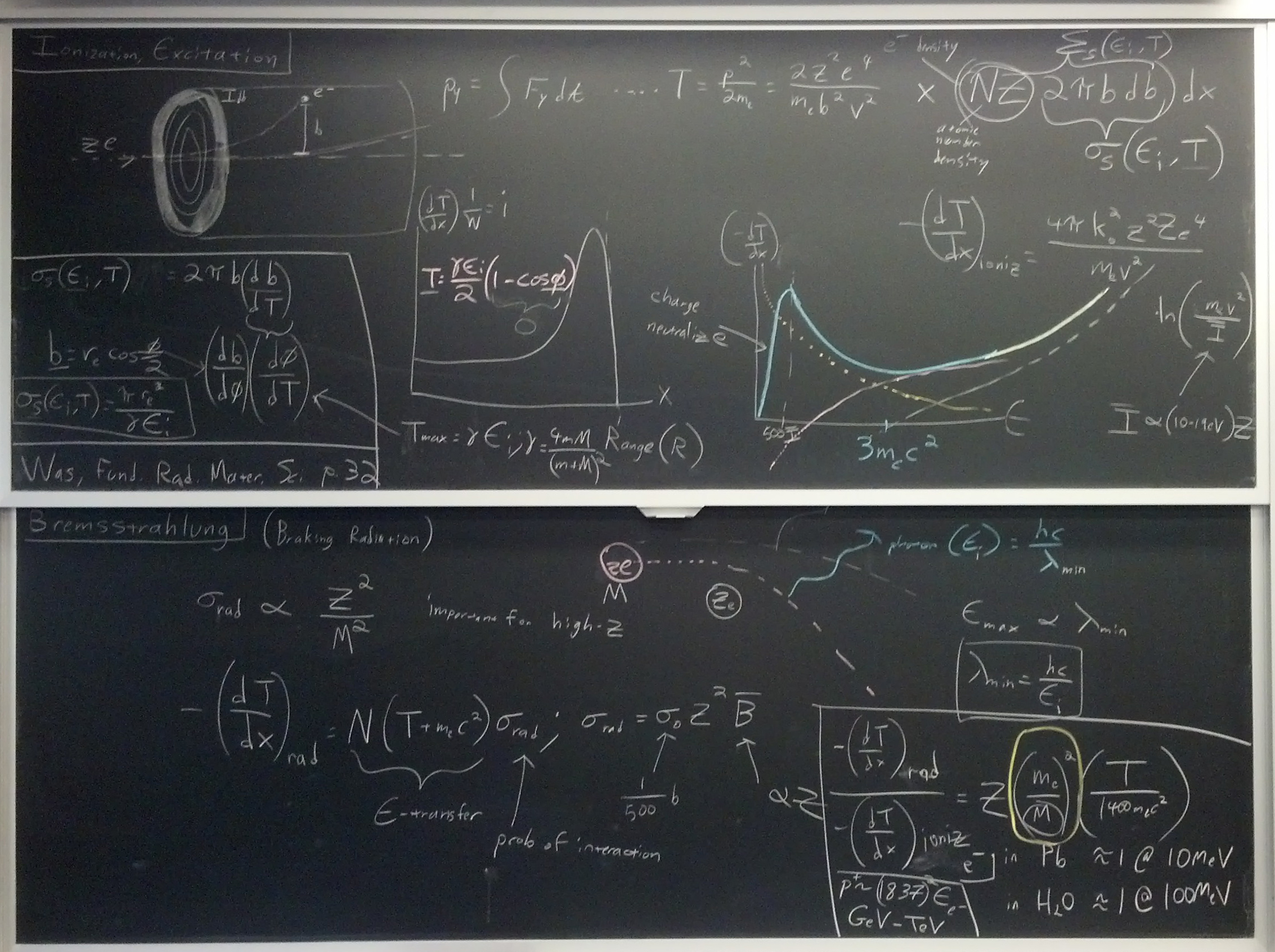 Ion-nuclear interaction related equations on two blackboards.
