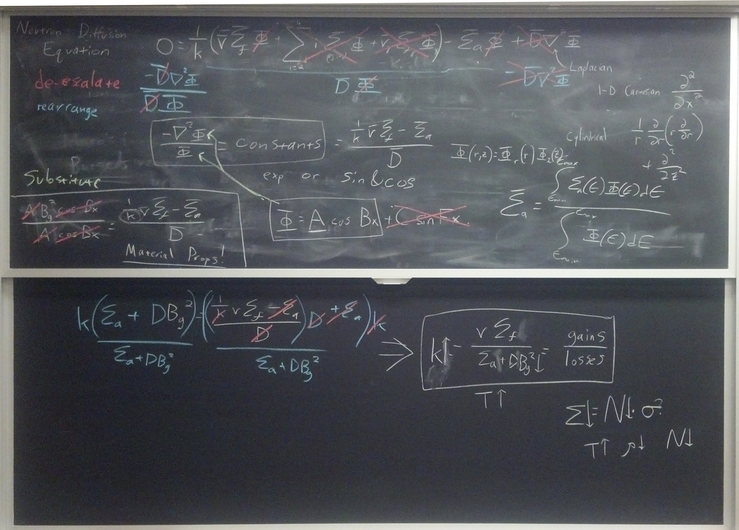 Neutron diffusion related equations on two blackboards.