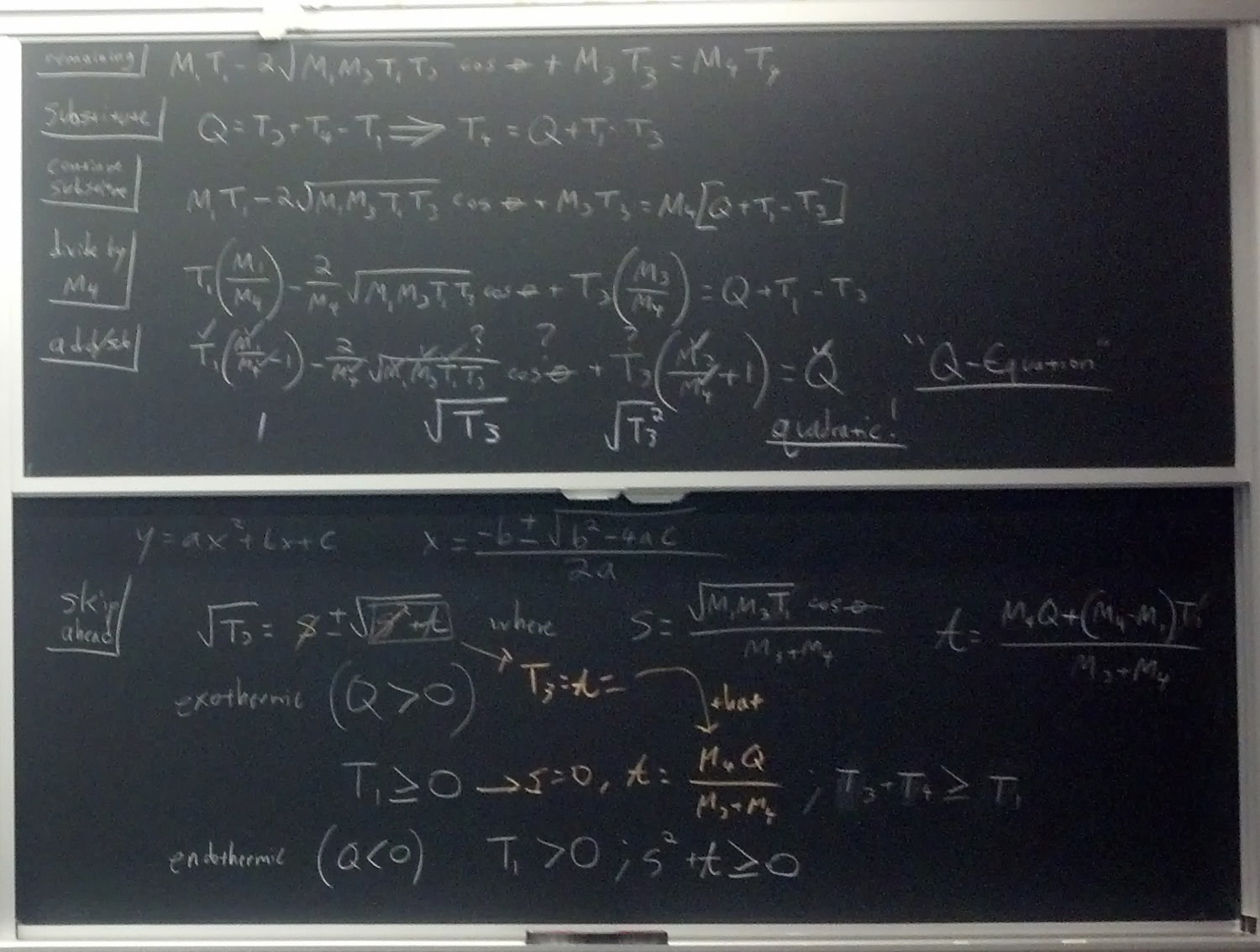 Nuclear reaction related equations on two blackboards.