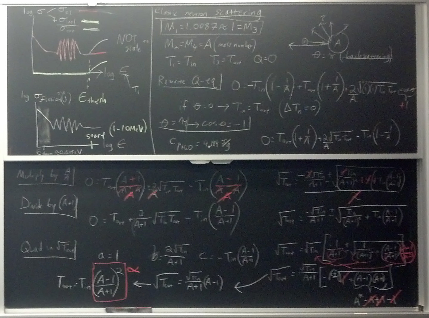 Q-equation and examples on two blackboards.