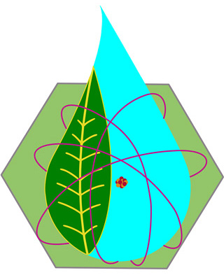 Logo combines electron orbits, a leaf, a water drop, an atomic nucleus, and the hexagon shape of a reactor core.