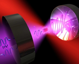 Image of purple and red light against a dark background; the purple light contains depictions of electromagnetic waves.
