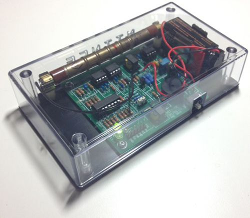 Photo of assembled electronic board within a clear plastic case.