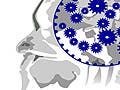 A profile of an x-ray of a head, with an overlaid image of cogs.