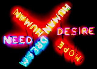 Photograph of the sculpture Human/Need/Desire, 1983, by Bruce Nauman. Nauman uses neon tubing to spell out the words of fundamental human experience. The words are arranged as a six-point, radiating star starting with dream on the lower left and arranged counter-clockwise: dream, need, human, human, desire, and hope.