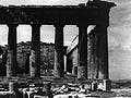 A black and white photograph of the Acropolis, Parthenon, east side, Athens, Greece.