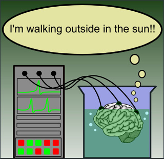 In a vat, a brain floating in liquid is connected to a computer.  A thought bubble above the brain reads "I'm walking outside in the sun!!"