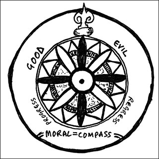 A black and white drawing of a moral compass with “good” and “evil” on opposite sides.