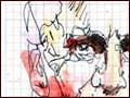 A watercolor of Ruth Barcan Marcas painted in red and yellow hues on grid-lined paper.
