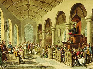 A painting from 1813 showing a man speaking from a lectern while a crowd of people watch.
