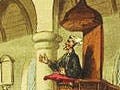 A painting from 1813 showing a man speaking from a lectern while a crowd of people watch.