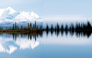 On the right is a waveform in black on a blue background, and on the left shows trees reflecting on a still lake with snowy mountains in the background.