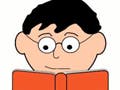 Image of a boy with glasses reading a book.