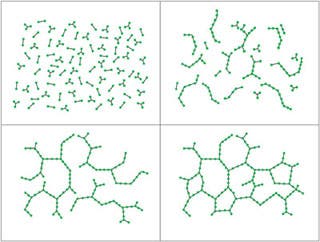 Four figures showing molecular bonds forming as epoxy cures.