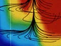 A 3-D simulation of current flow in a bipolar transistor.