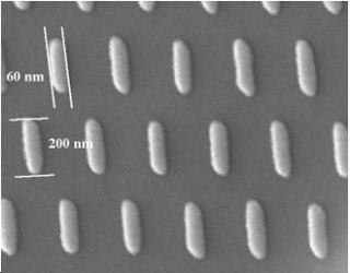 Photo of magnetic nanodots, 60 x 200 nm in a regular array.