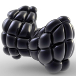 Rendering of black abstract figure with bubble-like bulges.