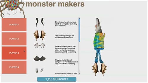 Screen with alligator head, chameleon torso, jellyfish legs, and frog feet.