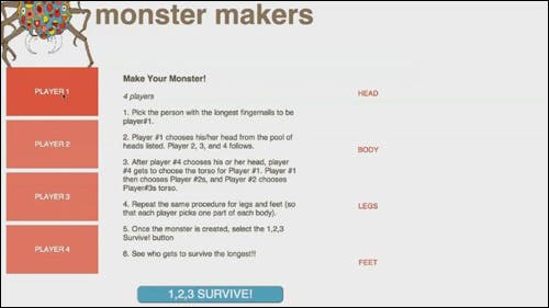 Screen with instructions for game and placeholders for head, torso, legs, and feet.