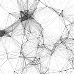 Network of black lines with some clustering around polygonal shapes on a white background.