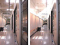 Two photos of the same corridor. Left one is of the original corridor. The right one has a new lighting scheme that brightens the ceiling. 