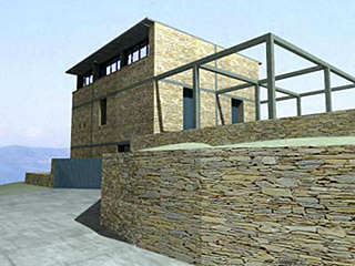 A digital rendering of a stone house.