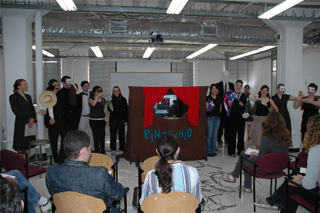 Photograph of a student puppet show.