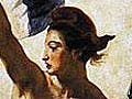 A painting of a woman, her breasts exposed, hoisting the French flag as she leads armed men across a battlefield.