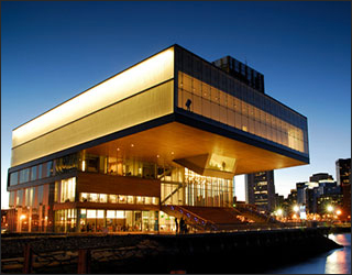 A nighttime photograph of The Institute of Contemporary Art in Boston, Massachusetts.