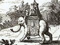A black and white etching of the Hanging Gardens of Babylon featuring a procession of nobility in the foreground.