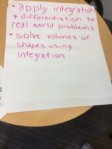 Sample learning outcomes written in magic marker on an oversized sheet of paper.