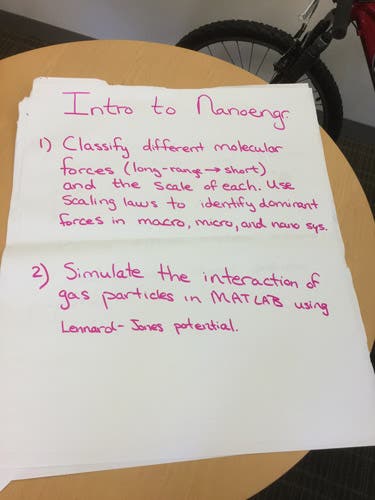 Sample learning outcomes written in magic marker on an oversized sheet of paper.