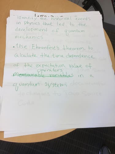 Sample learning outcomes written in magic marker on an oversized sheet of paper.