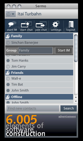 Screenshot from an instant messaging program designed and implemented by 6.005 students.