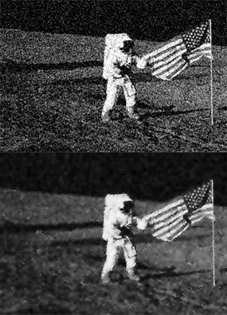 One noisy image of astronaut on the moon with flag above a fixed version of the same image.