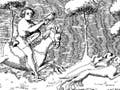 Black and white image of a man hunting deer.