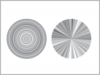 Left circle with concentric brightness pattern and right circle with pie-chart brightness pattern.