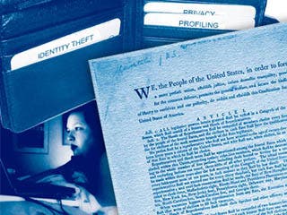 Photo montage showing the US Constitution and legal files.