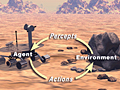 A graphic showing a Mars Rover-like robot in a sandy, rocky environment. A circular path of words is overlaid, with the words Precepts - Agent - Actions - Environment (and back to Precepts again).