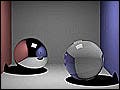 Two reflective balls with reflection and shadows presented in a box of pink and purple walls with light source on top.