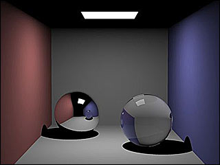 Two reflective balls with reflection and shadows presented in a box of pink and purple walls with light source on top.