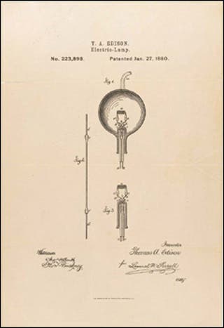 Drawing of an electric lamp and filament from Thomas Edison's U.S. patent, January 27, 1880.