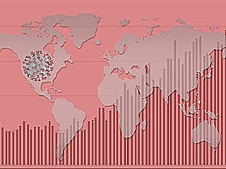 Graphic of world map with COVID image overlay