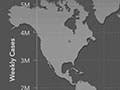 World map with overlay of bar graph showing weekly cases of COVID-19